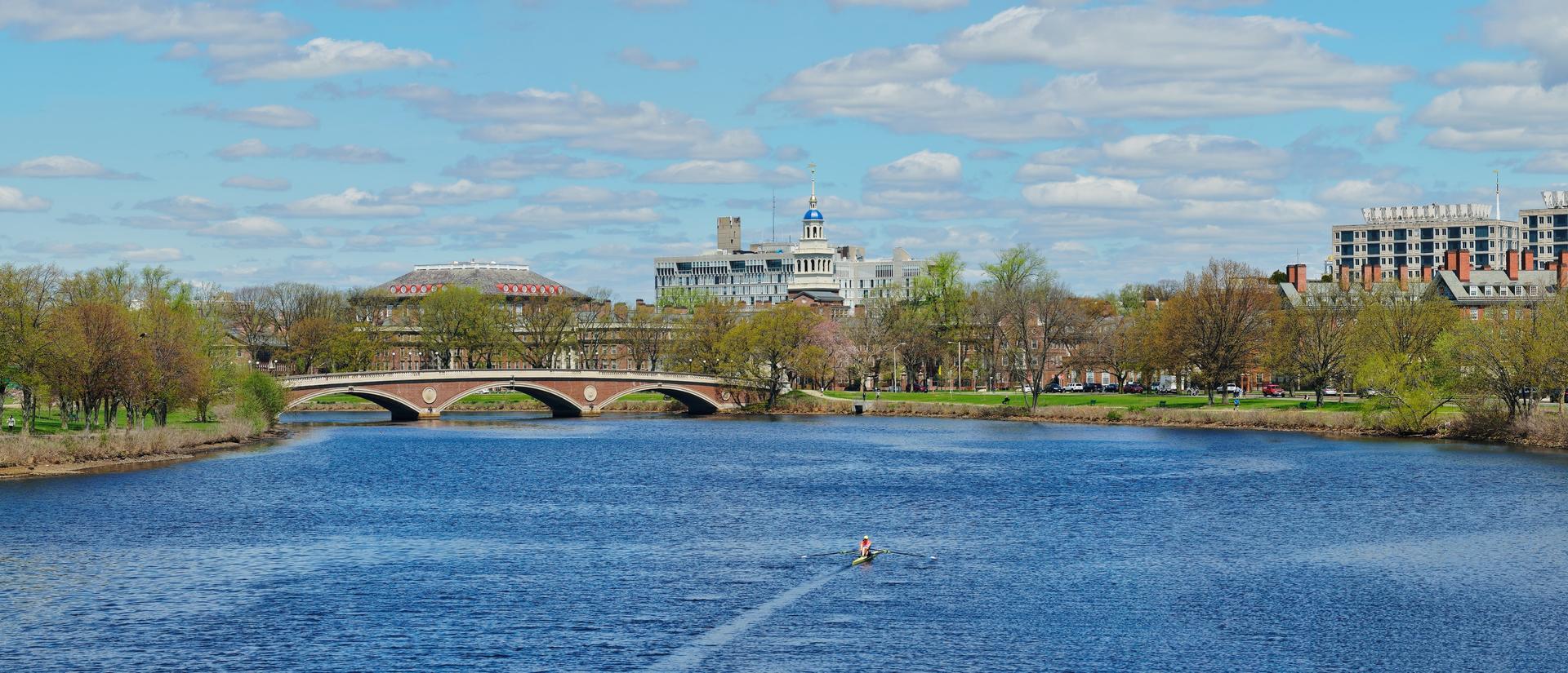 Panoramic View of Charles River and Red, Green and Blue Domes of Harvard University Buildings